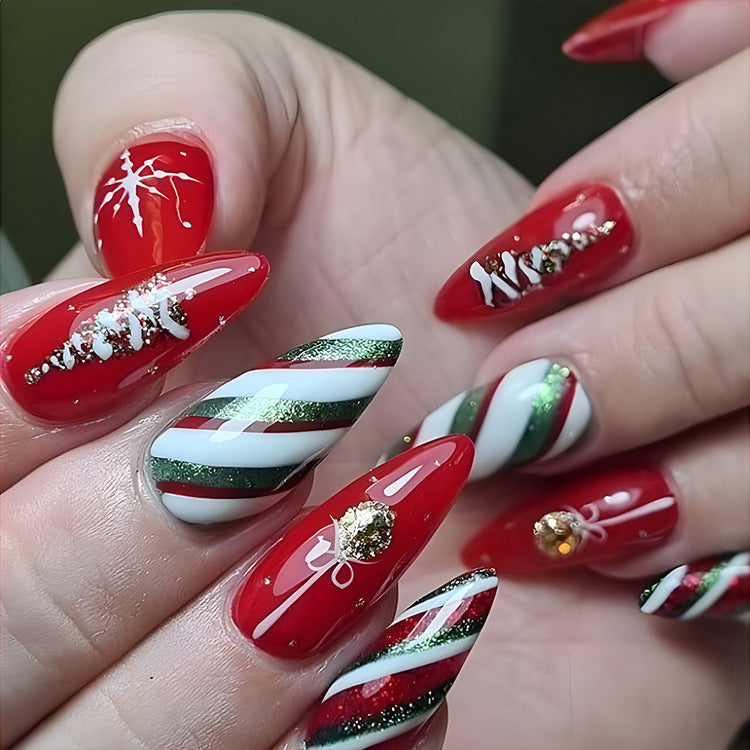 24pcs Christmas False Nails Hat Striped